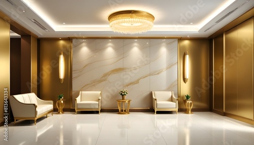 A lobby with opulent gold walls and elegant white chairs, creating a sophisticated atmosphere