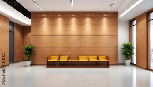 A modern office space with polished wooden walls and a vibrant yellow bench in the center