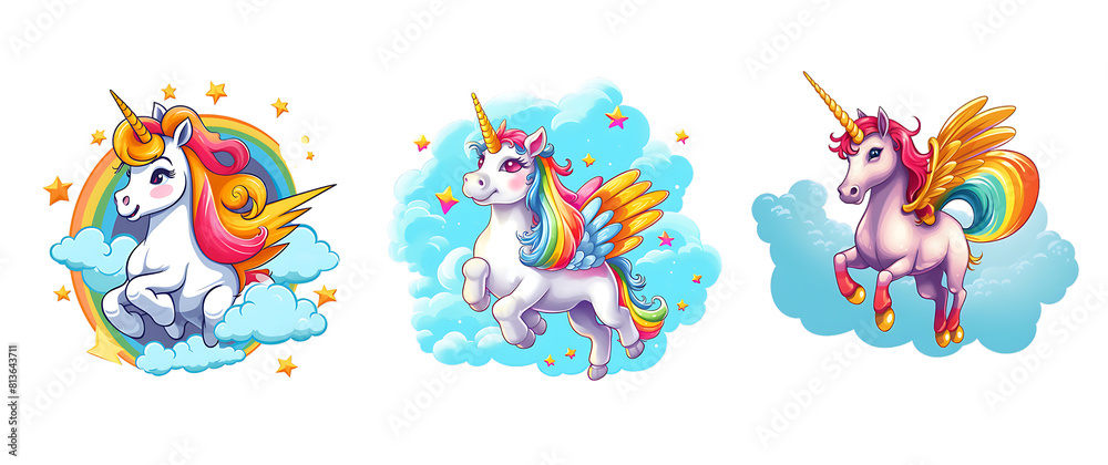 Fototapeta premium Cute unicorn cartoon with rainbow effect on transparent Background. PNG background.