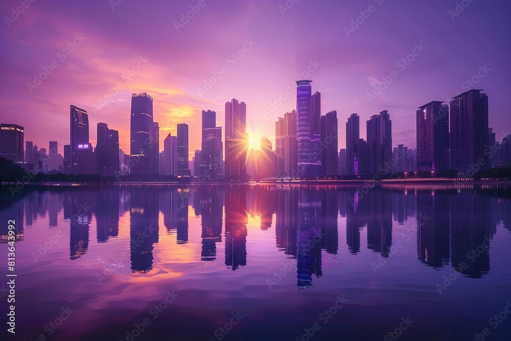 futuristic business city skyline at sunset purple sky reflection in river