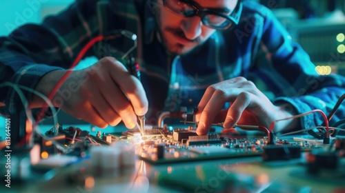 A person is using a soldering iron to work on a motherboard, demonstrating their expertise in engineering and hand-eye coordination. AIG41 photo
