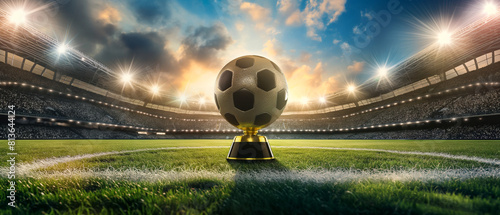 Soccer trophy on a field in a packed stadium at sunset. Copy space