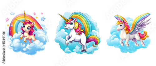 Cute unicorn cartoon with rainbow effect on transparent Background. PNG background.