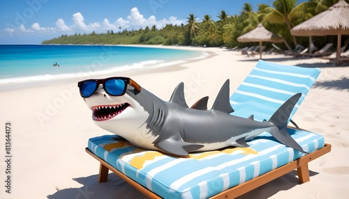A shark stuffed animal is placed on a beach chair on the sandy shore