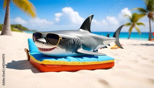 A shark lounges on a beach chair under the sun on a sandy beach