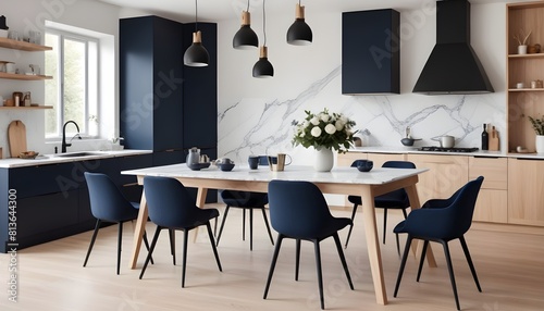 A kitchen decorated in shades of blue with sleek marble countertops and matching chairs © Sema