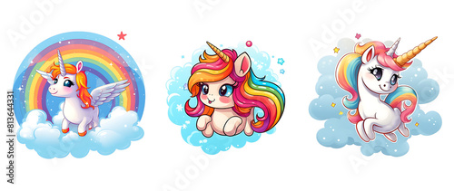 Cute unicorn cartoon with rainbow effect on transparent Background. PNG background.