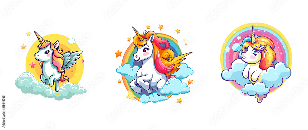 Cute unicorn cartoon with rainbow effect on transparent Background. PNG background.