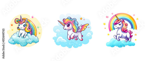 Cute unicorn cartoon with rainbow effect on transparent Background. PNG background.