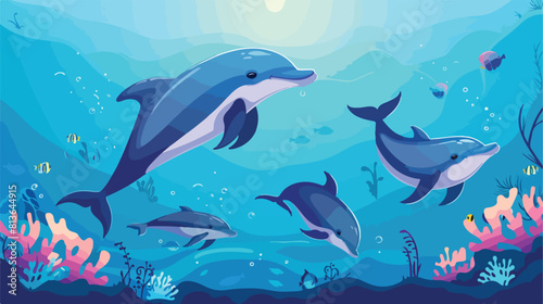 Dolphins in sea water. Underwater fishes aquatic mamm