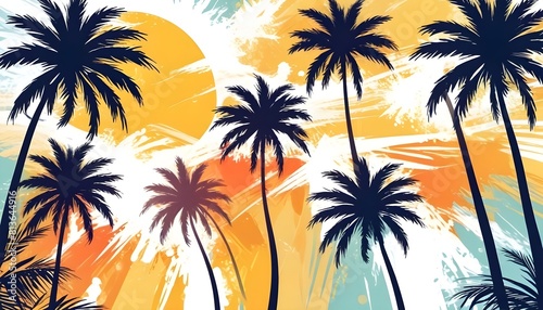A vibrant scene of tall palm trees against a clear sky with the sun shining brightly overhead in a tropical setting © Sema