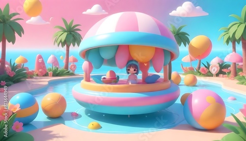 An animated scene featuring an ice cream cart surrounded by colorful balloons and palm trees