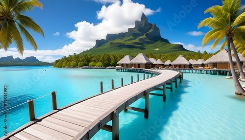 A wooden walkway stretching towards a luxurious resort on the idyllic island of Bora Bora in French Polynesia