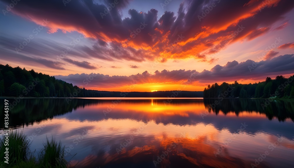 A vibrant sunset casts warm hues over a serene lake, framed by silhouetted trees and fluffy clouds in the sky A vibrant sunset casts warm hues over a serene lake, framed by silhouetted trees and fluffy clouds in the sky