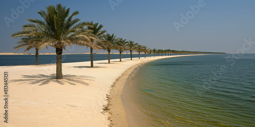 A beach with palm trees and a body of water