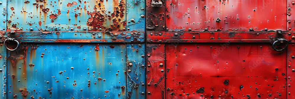 Naklejka premium A blue and red metal door with rusted hinges