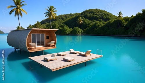 A house built on stilts is seen floating in the water, appearing to be supported solely by the tall wooden beams photo