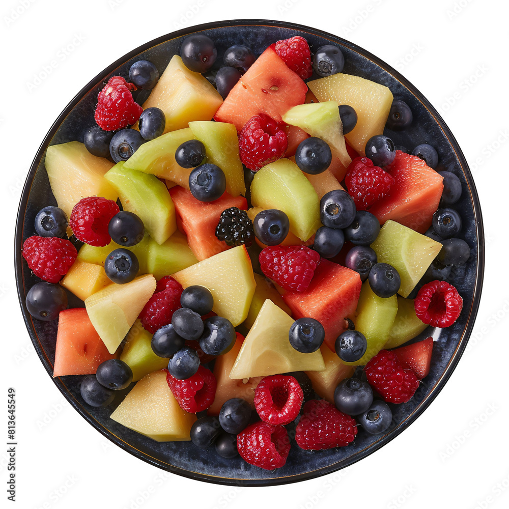 Obraz premium Fruit Salad with Mixed Berries and Melon Die Cut PNG Style Isolated on White and Transparent Background