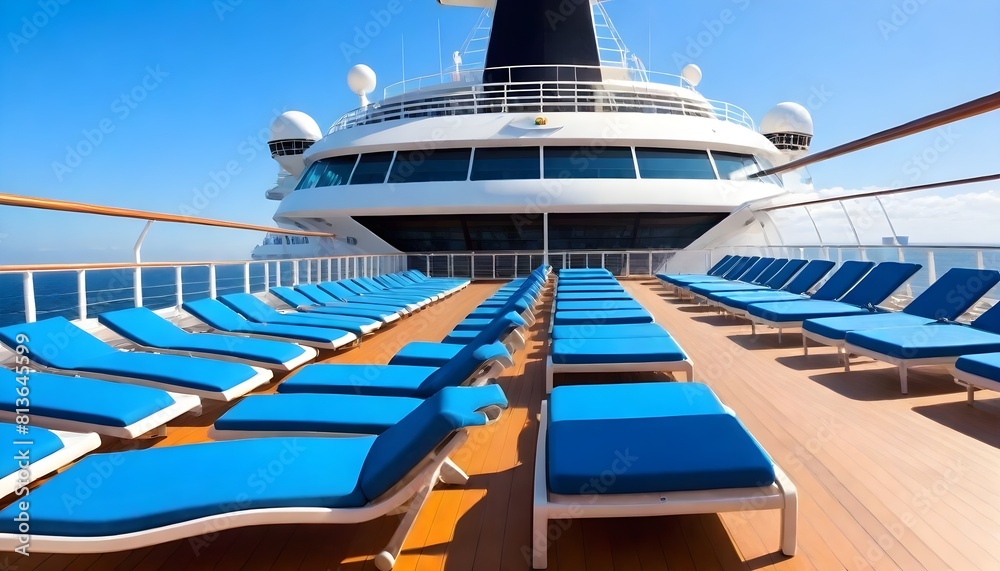 Blue lounge chairs arranged neatly on the deck of a cruise ship under the clear sky, ready for passengers to relax and enjoy the ocean view
