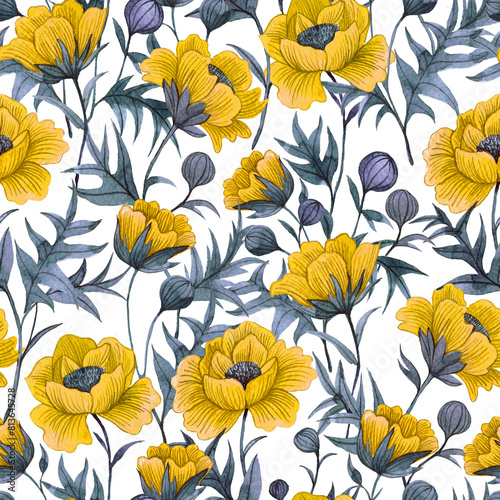 pattern with yellow poppies on a white background. watercolor seamless print with wildflowers © Татьяна Гончарук