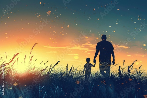 A man and a child are walking through a field at sunset