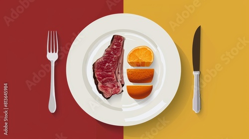 Ribeye on plate flat design top view fine dining theme animation Split-complementary color scheme