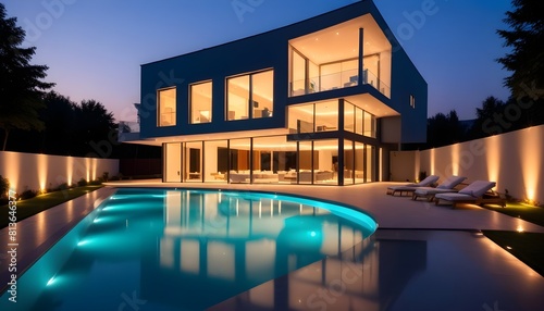 A contemporary house with a well-lit swimming pool in the backyard under the night sky © Sema