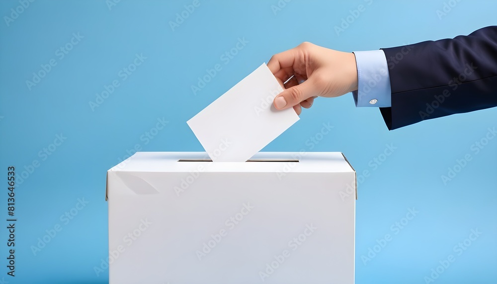 A man is inserting a paper ballot into a slot on a black voting box A man is inserting a paper ballot into a slot on a black voting box