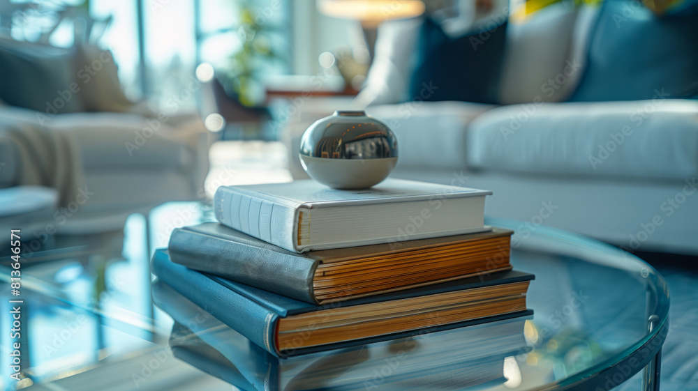 A stack of books on a glass table.