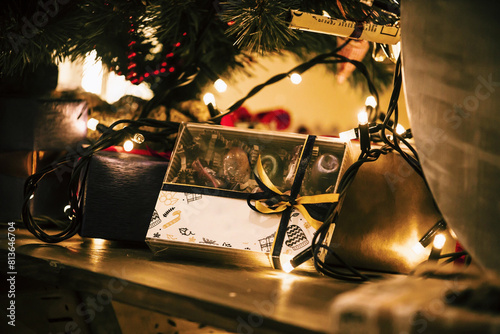 Processed with VSA beautiful gift box with handmade chocolates stands under a Christmas tree with garland. Candy mockup.
 photo