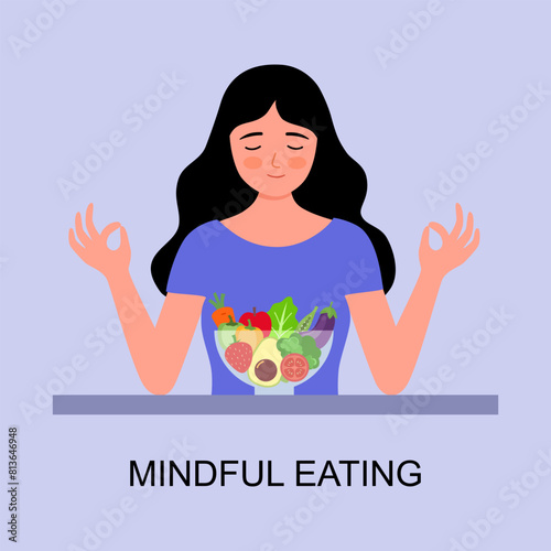 Mindful eating concept. Young woman meditating with tasty and healthy vegetables and fruits. Healthy daily diet and balanced lifestyle.