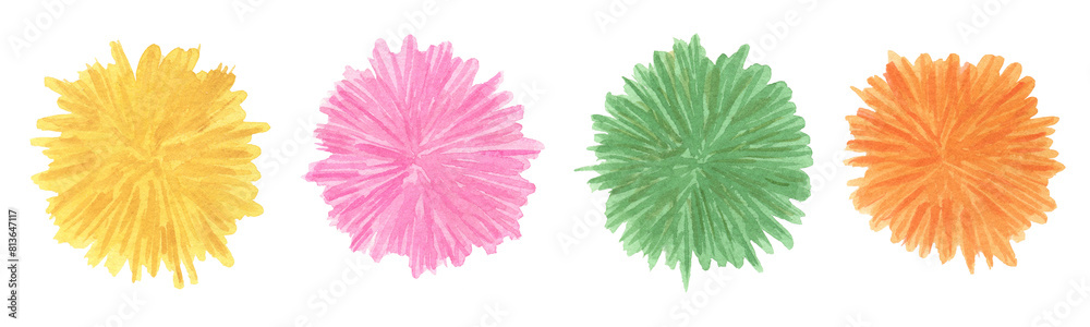 Obraz premium Realistic set of cute Pom Poms. Yellow, pink, green, and orange hairy balls pompons. Trend colors. Hand drawn watercolor illustration isolated on transparent. 