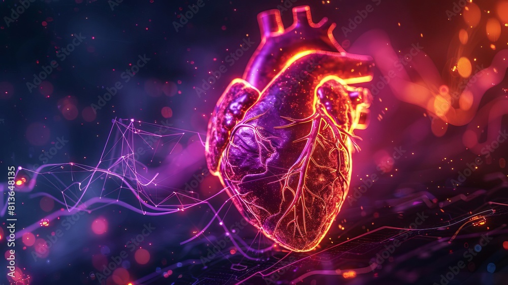 Medical and health preservation concept using a neon heart and heart rate waves, generated by AI Medical and health preservation concept using a neon heart and heart rate waves, generated by AI