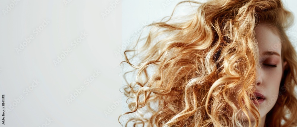 woman with voluminous curly blond hair on a white background, space for text, hair curling treatment ad banner woman with voluminous curly blond hair on a white background, space for text, hair curling treatment ad banner