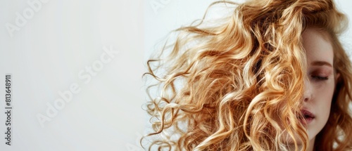 woman with voluminous curly blond hair on a white background, space for text, hair curling treatment ad banner