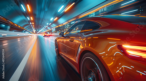 A dynamic image capturing a shiny car speeding through a vibrant, illuminated city tunnel, showcasing motion blur and urban nightlife