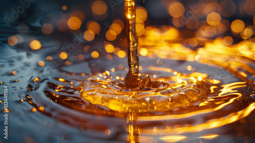 Golden water droplet with bokeh background.
