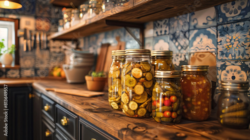 Jars of pickled vegetables on kitchen shelf