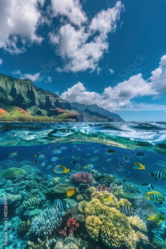 A mesmerizing background image capturing the vibrant colors of the ocean currents and a variety of fish species  Wide-angle shots  generative ai