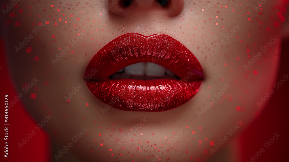 Obraz premium Close up of woman's lips with red lipstick on red background.