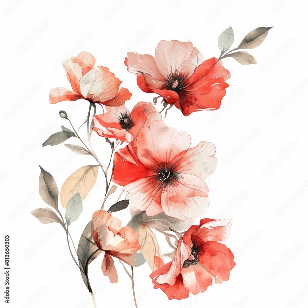 Elegant Watercolor Poppies Illustration, Red and Peach Floral Design