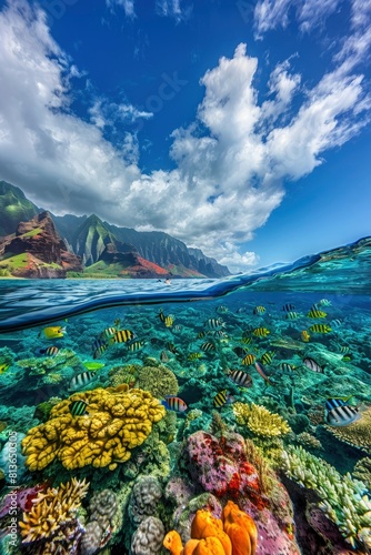 A mesmerizing background image capturing the vibrant colors of the ocean currents and a variety of fish species, Wide-angle shots, generative ai
