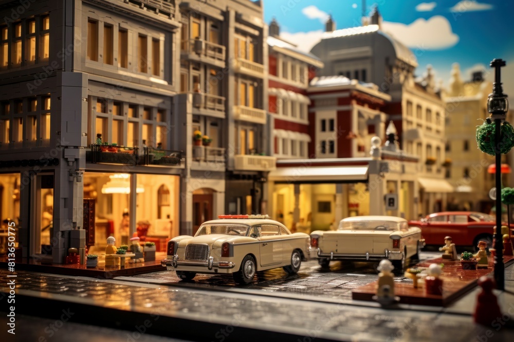 Charming lego scene featuring classic cars on a detailed city street
