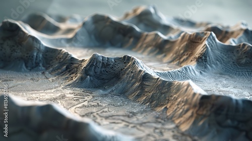 detailed 3D rendering of a mountain range. The mountains are covered in snow. photo
