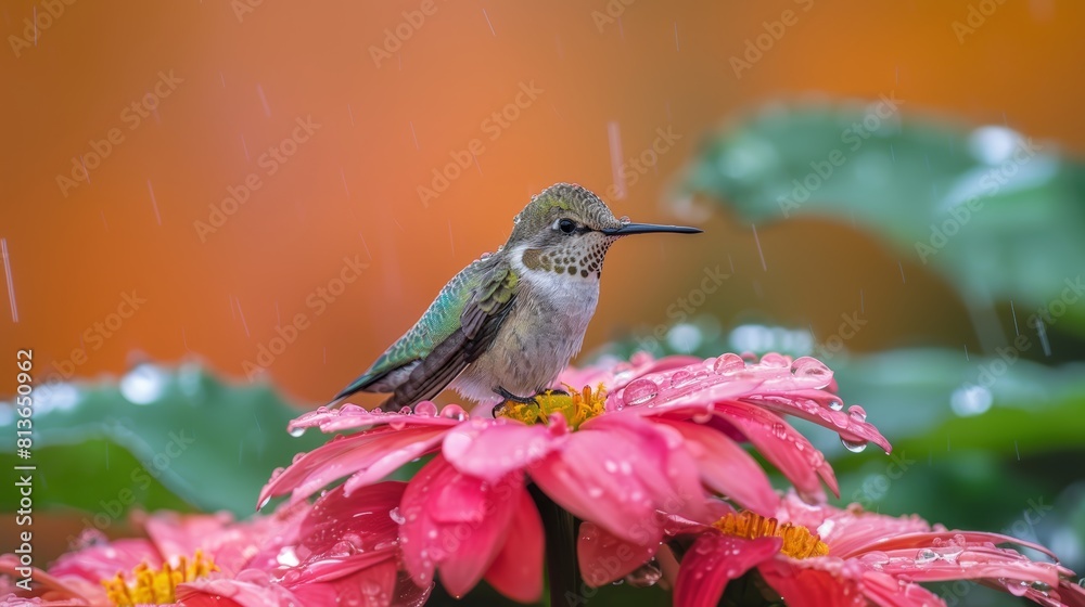 Obraz premium Juvenile Ruby-Throated Hummingbird Perched on Rain-Drenched Pink Flowers with Vivid Orange Background