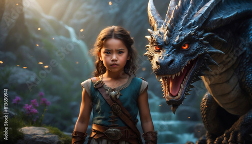 A little girl with a big dragon in the background © AMERO MEDIA