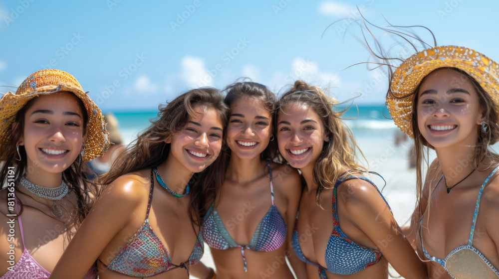 Group of Young Women Enjoying Summer Fun on a Sunny Beach Day