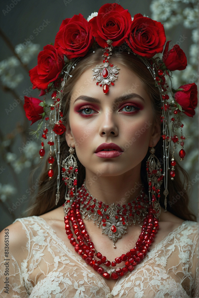 Elegant Woman with Red Floral Headpiece