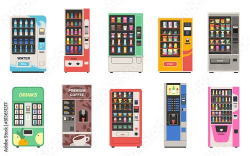 Vending snack machine. Automatic vendor for food sale, drinks, chocolates, sandwiches and chips assortment, selling service, fresh coffee and clean water cartoon flat isolated tidy vector set