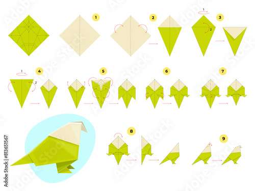 Step by step origami scheme. Instructions for bending and assembling paper bird, how to make polygonal parrot, kids toy. Handmade green pigeon cartoon flat style isolated vector concept